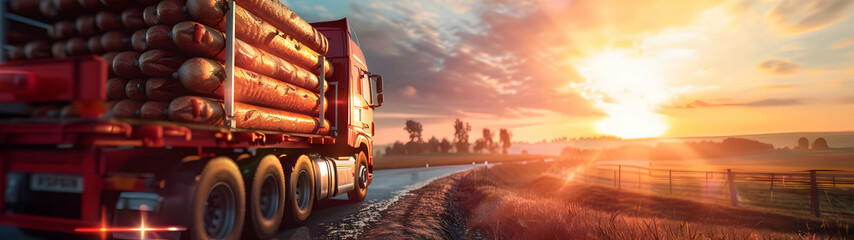 Cargo truck full of sausages on the road in the american countryside and sunset. Concept of high quality food products, cargo and shipping.