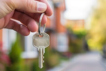 Close-up view of a hand holding a key, with a blurred house exterior in the background, symbolizing homeownership