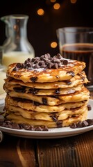 stack of pancakes with coffee and milk