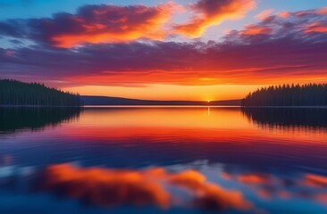 Obraz premium Depicting a bright sunset over a serene lake with colorful reflections shimmering on the water. Beauty and serenity