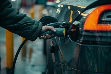 A person filling up a car with gas at a gas station pump