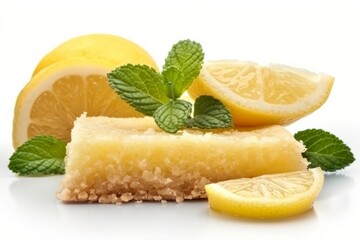 Lemon bars topped with fresh mint and a delicate flower, beautifully presented for culinary blogs and dessert menus.