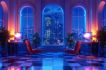 Showcases windows with a nighttime cityscape