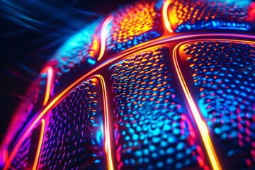 A dynamic closeup of a neon basketball glowing brightly against a dark background, showcasing its...