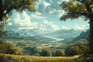 landscape in the mountains ,Renaissance painting with a classic background illustration