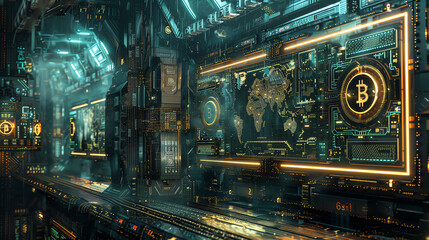 Digital cryptocurrency exchange with glowing screens displaying market data and charts in a futuristic setting
