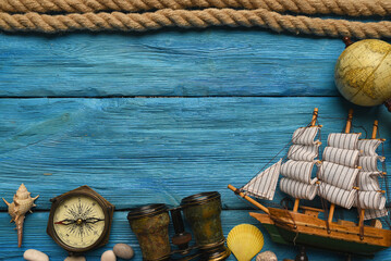 Columbus day concept. Sea travel background. SUmmer vacation concept flat lay background.