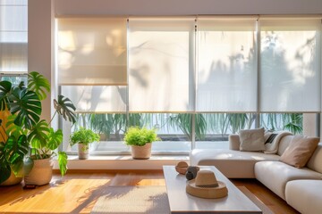 A spacious living room filled with furniture and plants, illuminated by warm sunlight through roller blinds