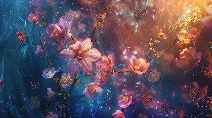 Blossoms of light unfolding in a cosmic spring, painting the universe with the hues of a digital dawn.