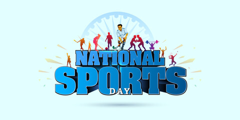 Eps vector illustration of Sports athletics players background with 3d text National sports day.