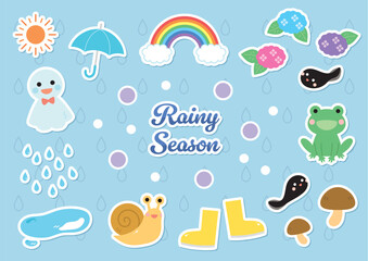 梅雨のイラスト素材セット　雨季　かわいい　シール風