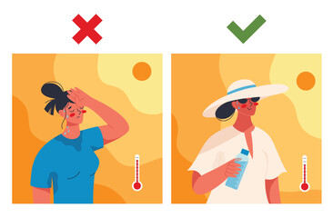 Woman suffering from heat stroke symptoms and woman properly prepared for heat. Unbearable hot summer. Flat vector illustration of summer heat wave