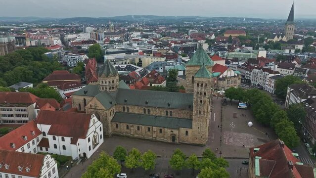 Aerial drone view of Dom St. Petrus in Osnabr&uuml;ck, Germany. St. Peter's Cathedral serves as the cathedral of the Roman Catholic Diocese of Osnabr&uuml;ck. 