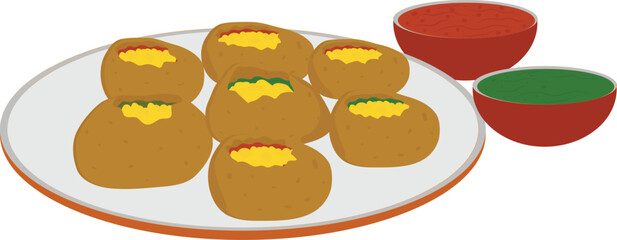 Indian street food Pani Puri Vector Illustration, Golgappa plate isolated on white background 