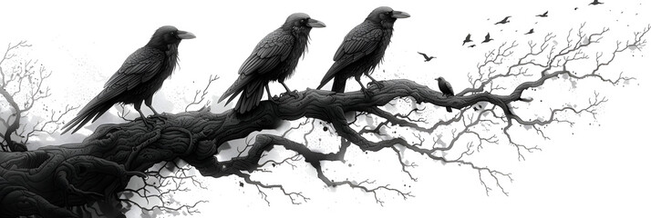  A illustration of a murder of crows standing on,
Raven Standing On the Green Grass With Green Nature Background
