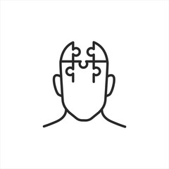Mental complexity icon illustrating a human head with puzzle pieces, representing the intricate and complex nature of the human brain and the challenges of understanding health. Vector illustration