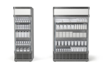 Retail fridge with glass doors and blank products. Refrigerators shelves with blank dairy products in plastic packaging and glass jars. 3d illustration set on white background