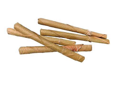 Bidi or Beedi, A beedi is a thin cigarette or mini-cigar filled with tobacco flake and commonly wrapped in a tendu or Piliostigma racemosum leaf tied with a string or adhesive, bidi isolated 