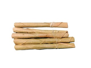 Bidi or Beedi, A beedi is a thin cigarette or mini-cigar filled with tobacco flake and commonly wrapped in a tendu or Piliostigma racemosum leaf tied with a string or adhesive, bidi isolated 