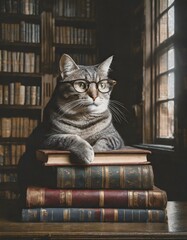 A sophisticated gray tabby cat sitting on a pile of books in a grand library