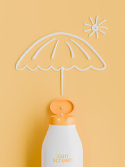 Creative Sunscreen Bottle with Drawn Umbrella and Sun on Yellow Background