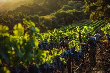 Workers diligently tending to vineyard fields, pruning, harvesting, and inspecting grapevines