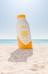 Sunscreen Bottle with SPF 50 on Sunny Beach Sand