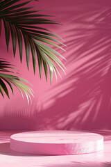 Obraz premium A circular pink podium, delicately textured, supports a vibrant green palm leaf