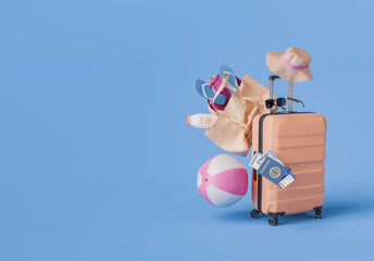 Summer Vacation Essentials with Luggage and Beach Accessories on Blue Background