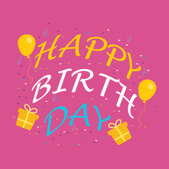 Hand drawn happy birthday lettering with balloons confetti on purple background