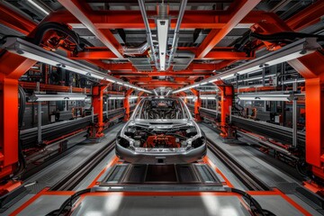 Modern robotic automotive assembly line with a car being assembled under bright lighting