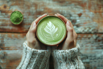 A pair of hands, cozily hold a ceramic cup of vibrant green matcha latte