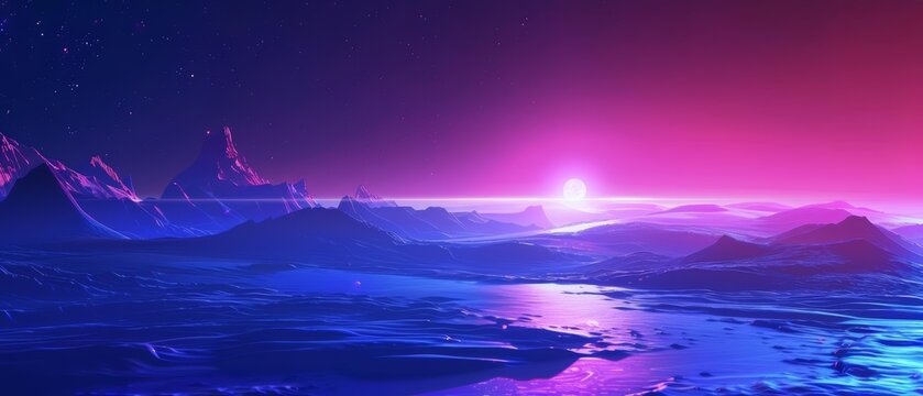 A 3D render of a neon abstract space background framing a futuristic fantasy landscape, where artificial intelligence governs the flow of energy, Sharpen Landscape background