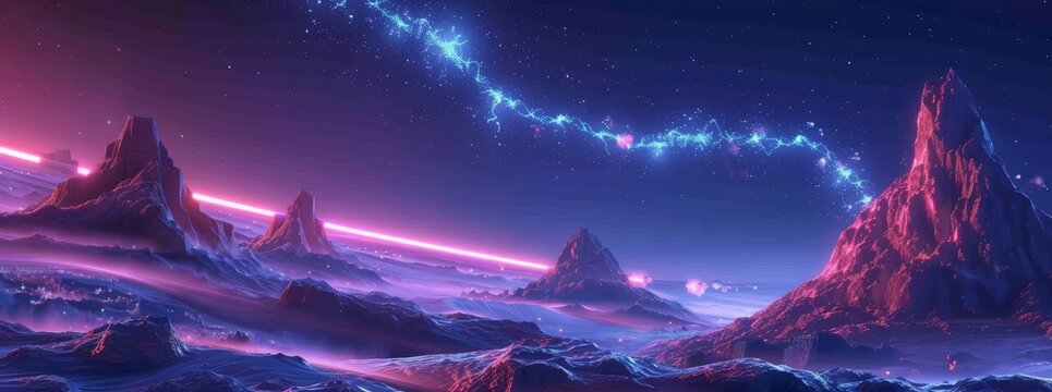 A 3D render of a neon abstract space background framing a futuristic fantasy landscape, where artificial intelligence governs the flow of energy, Sharpen Landscape background