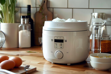 A white rice cooker with a compact footprint, saving space on the kitchen counter.
