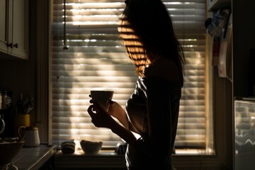 A woman stands in a kitchen, holding a cup by a window with morning sunlight streaming in