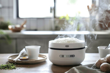 A white rice cooker with a cool-touch exterior, safe to handle even when cooking.