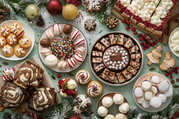 A topdown view of a table overflowing with various types of desserts, including cookies, cakes, and other sweet treats, perfect for a festive Christmas gathering