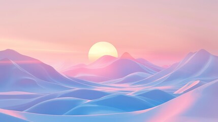 A 3D render of a surreal, minimal landscape where futuristic elements blend seamlessly with a serene, pastel backdrop at sunrise, Sharpen Landscape background