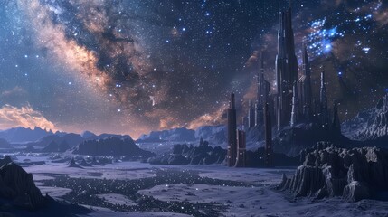A 3D render of a virtual landscape featuring a futuristic technology city concept, under a starlit sky and milky way galaxy, Sharpen Landscape background