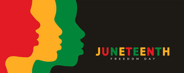 African-American people face in profile in red, yellow and green colors on black background. Black History Month banner. Juneteenth freedom day background. Racial equality. Vector illustration