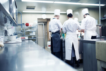 People, chef and teamwork in culinary kitchen or food prepare with rear view, professional or...