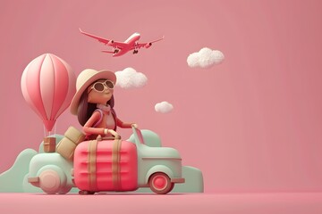 3D cartoon image women travel pink background