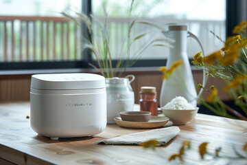 A white rice cooker with a durable construction, designed to withstand frequent use.