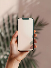 Blank mobile phone screen with mockup copy space in woman's hands in front of green palm tree branch with neutral white background. clean minimal aesthetic business brand template. Flat lay, top view