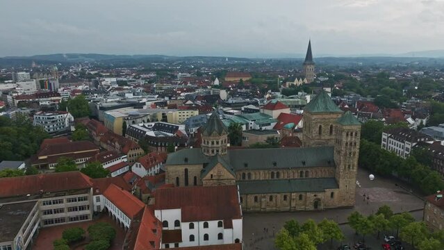 Aerial drone view of Dom St. Petrus in Osnabr&uuml;ck, Germany. St. Peter's Cathedral serves as the cathedral of the Roman Catholic Diocese of Osnabr&uuml;ck. 