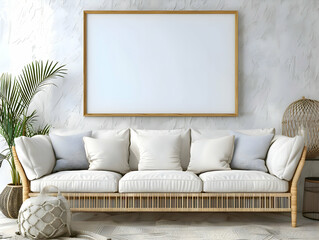 Wall art empty picture frame mockup in white coastal style living room with big couch, elegant personal accessoreis. Stylish home decor. Template. 3d rendering