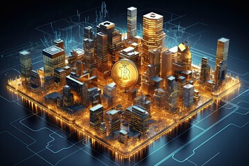 A city skyline with a towering bitcoin symbol prominently on top, symbolizing the rise of cryptocurrency in urban landscapes. Generative AI