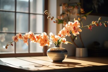 Sunlit orchids in striped vase on table with window light casting soft shadows, evoking warmth and tranquility.