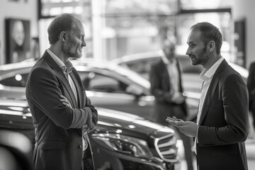 Fototapeta premium Two businessmen discussing beside luxury car